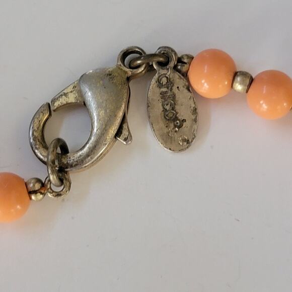 Peach Beaded Necklace with Brass Coin Charms Retro Boho Statement Style Jewelry - Picture 4 of 10